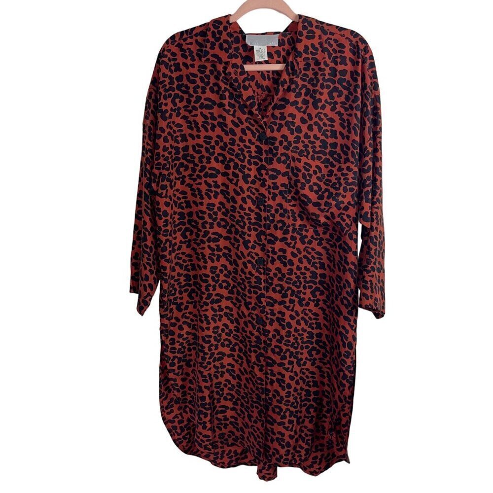 Diane Gilman Womens Nightshirt Size Small Red Animal Print Side Slits Pure Silk